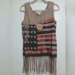 BiBi Tan American Flag Top With Perfectly Frindge Bottom. Size L.